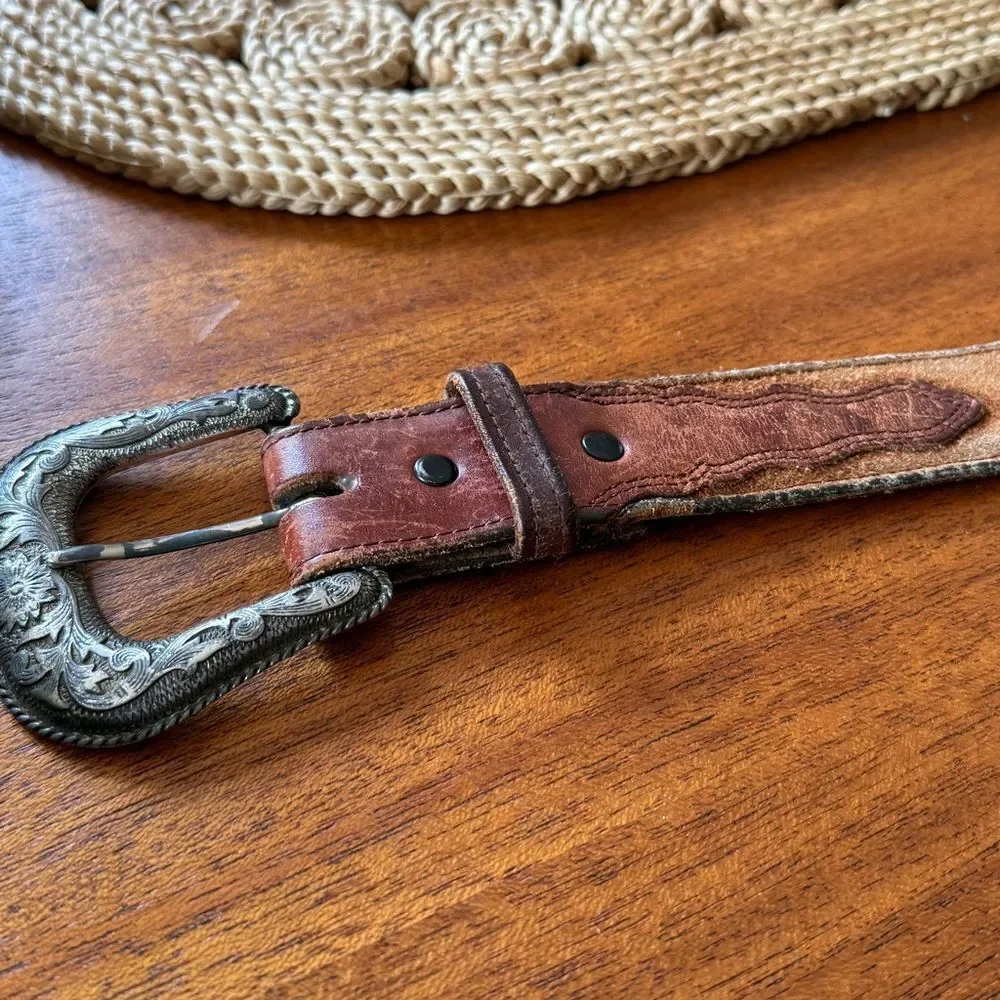 Vintage Nocona Brown Leather Belt with Silver Tone Ornate Buckle